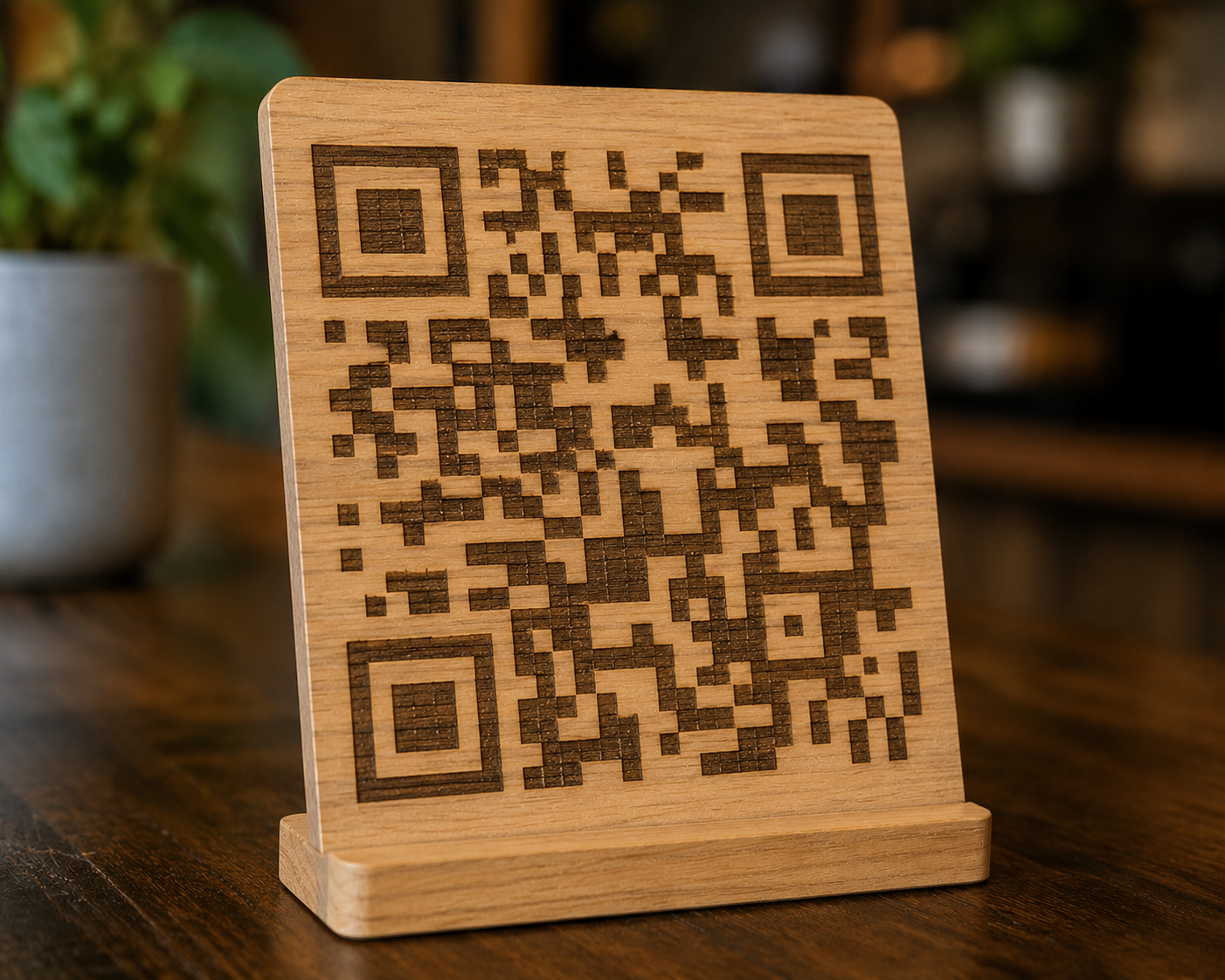 Laser-cut oak QR code stand